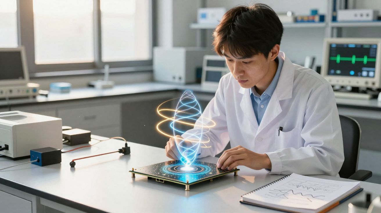 Cientista em laboratório observa modelo holográfico de dupla hélice de ADN num dispositivo tecnológico.