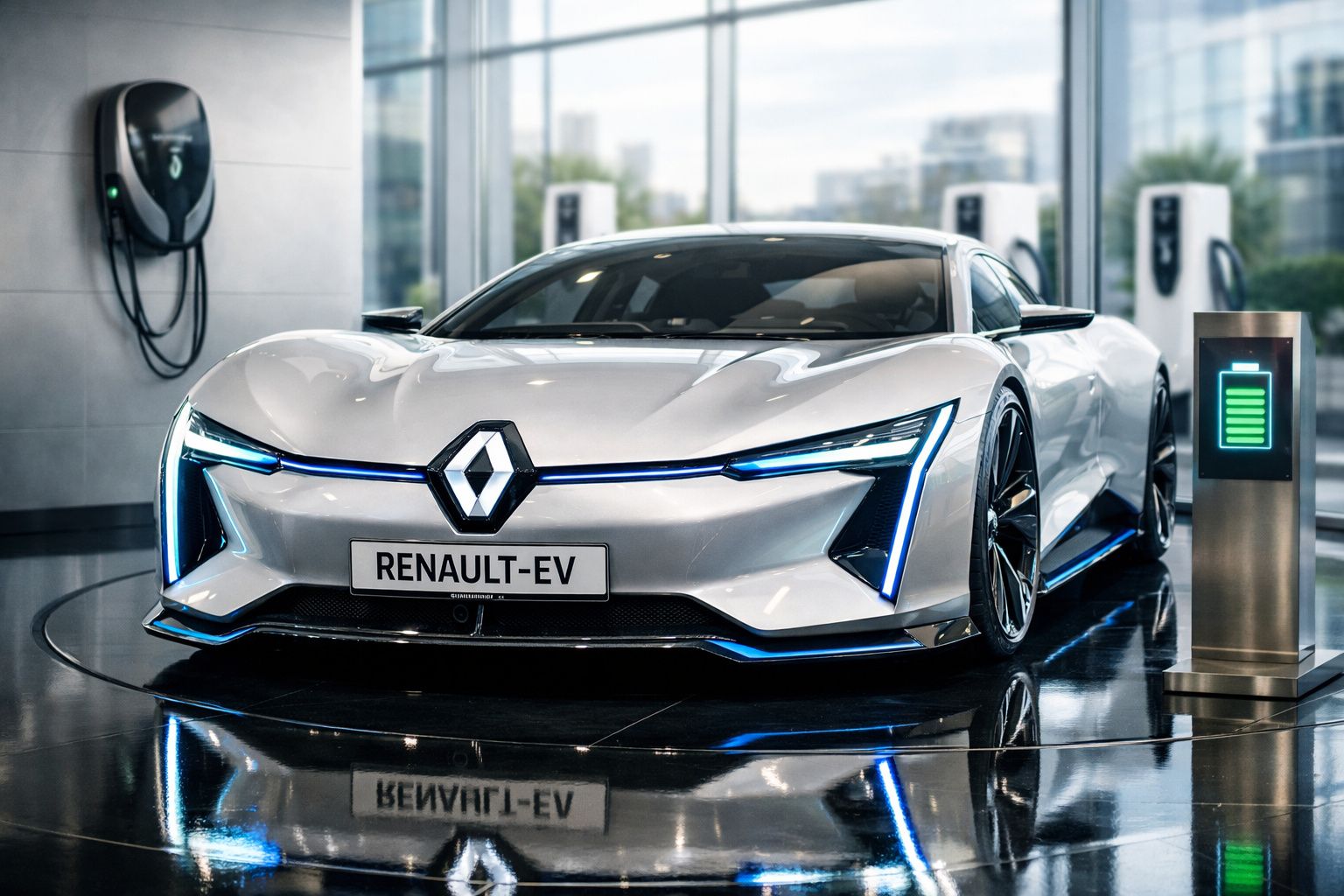 Carro elétrico Renault branco com design futurista em exposição junto a posto de carregamento.