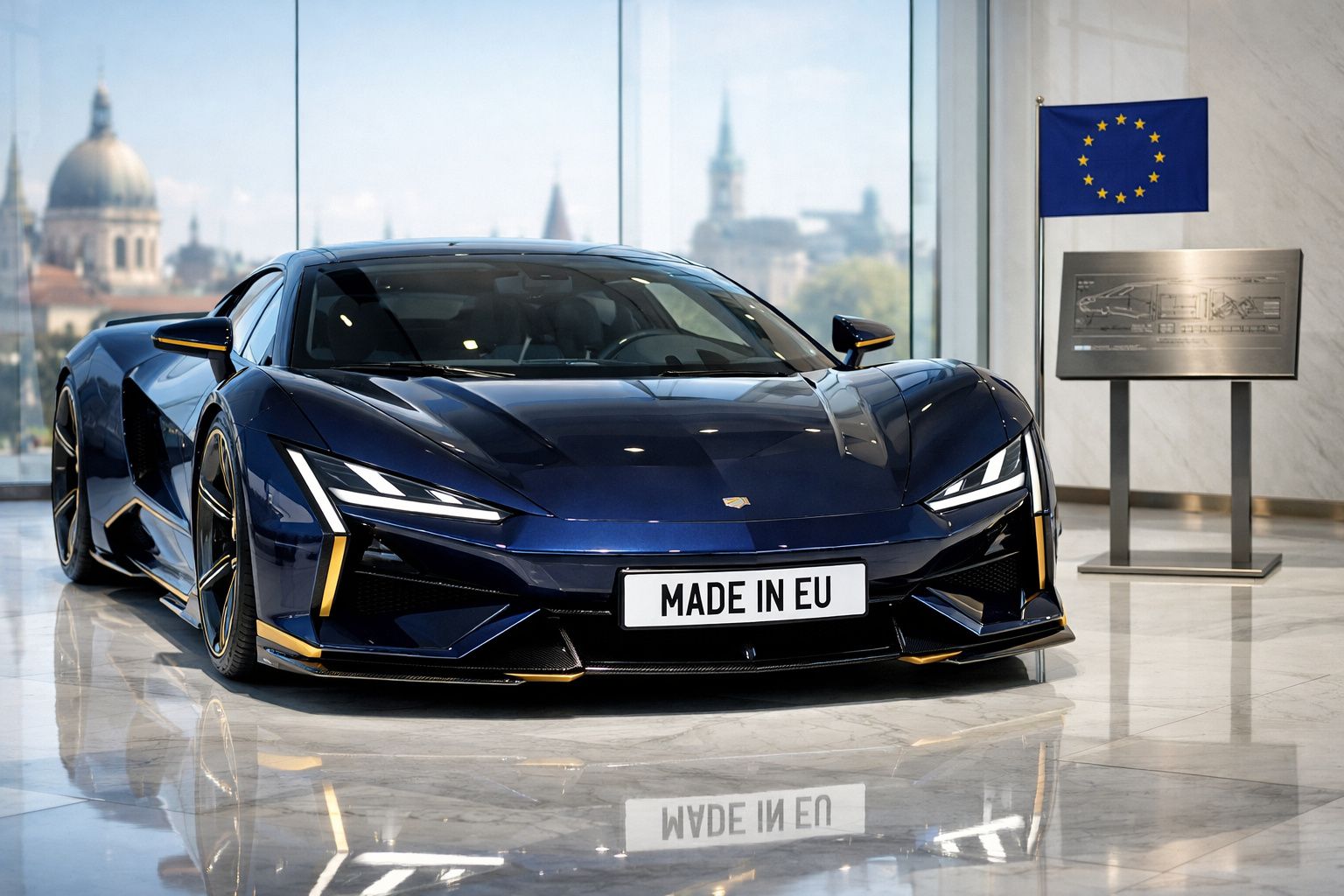 Carro desportivo azul escuro com placa "MADE IN EU" exposto em sala iluminada com bandeira da União Europeia.