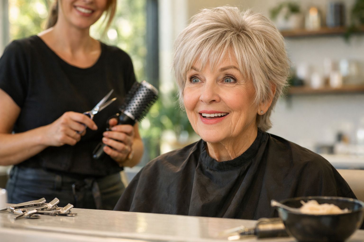 Mulher idosa sorridente a receber corte de cabelo num salão, com cabeleireira ao fundo.