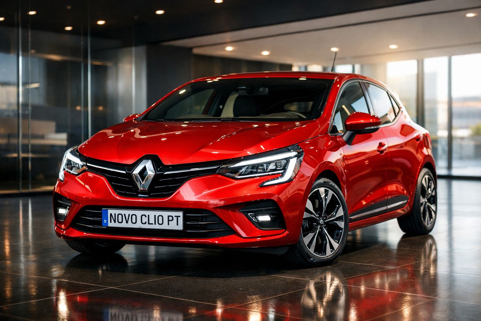 Carro vermelho Renault Novo Clio estacionado em piso interior com iluminação ambiente.