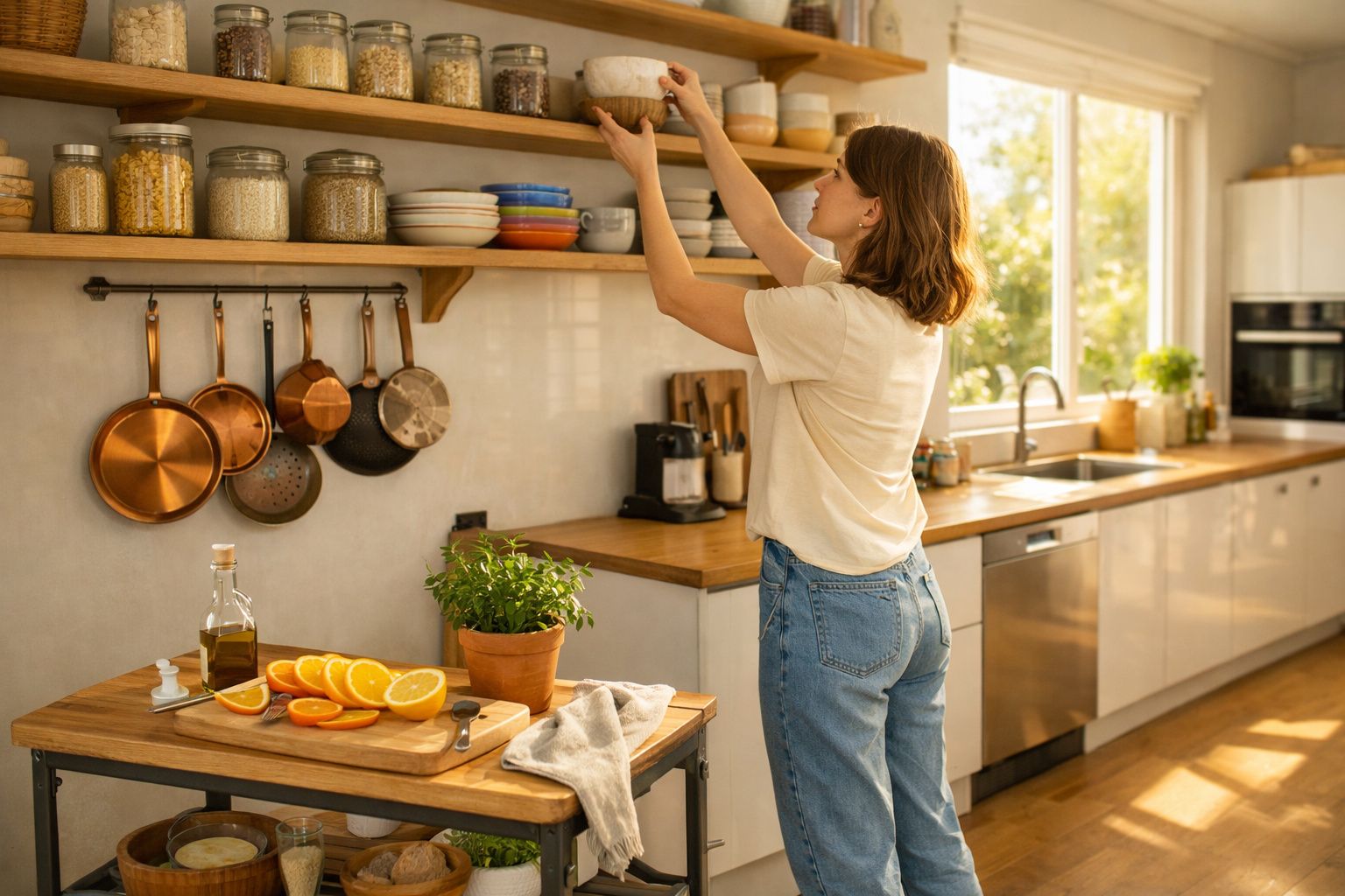 Mulher a organizar frascos numa prateleira numa cozinha luminosa com frutas e ervas na bancada.