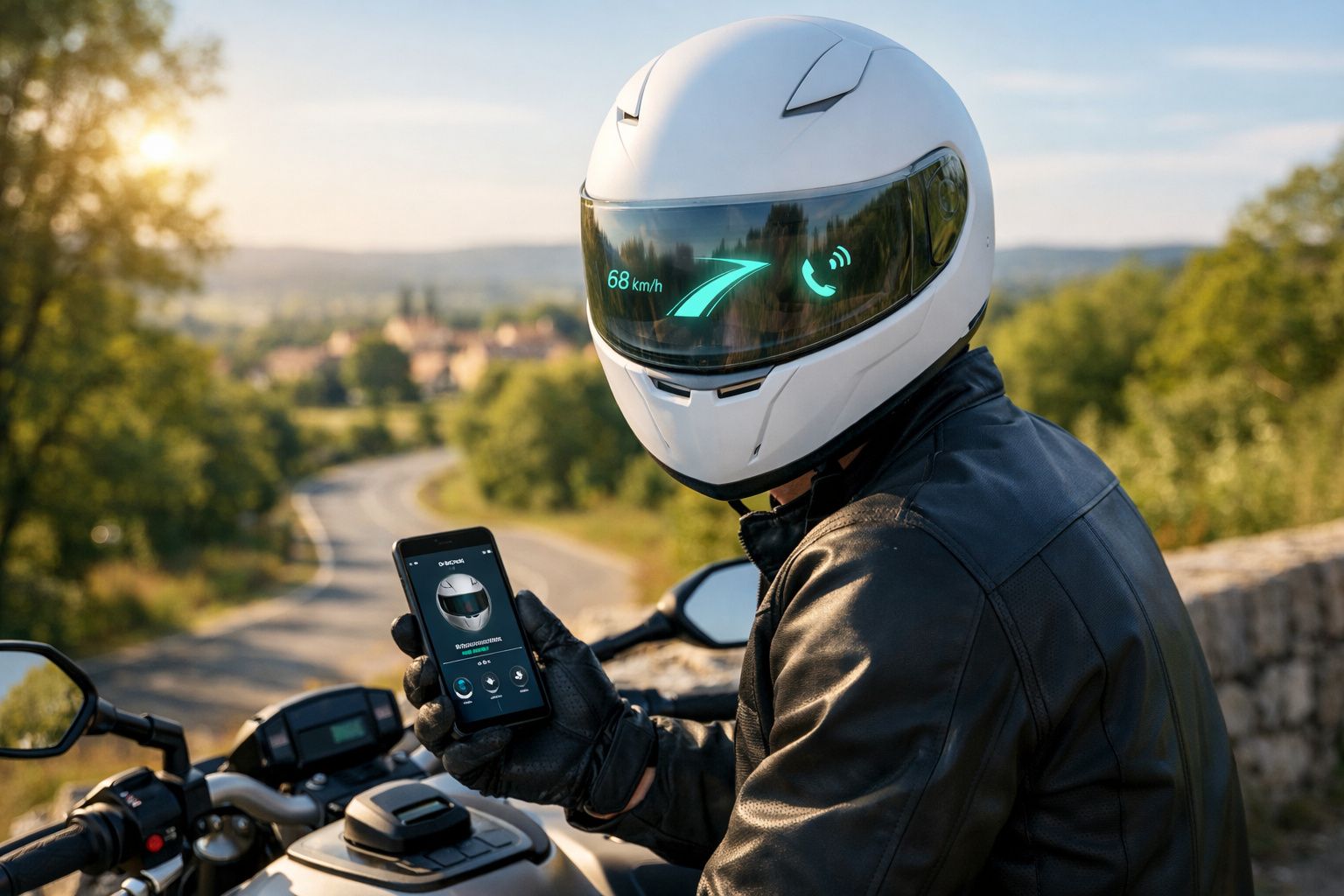 Motociclista com capacete inteligente mostra smartphone, com dados de velocidade e navegação no visor do capacete.