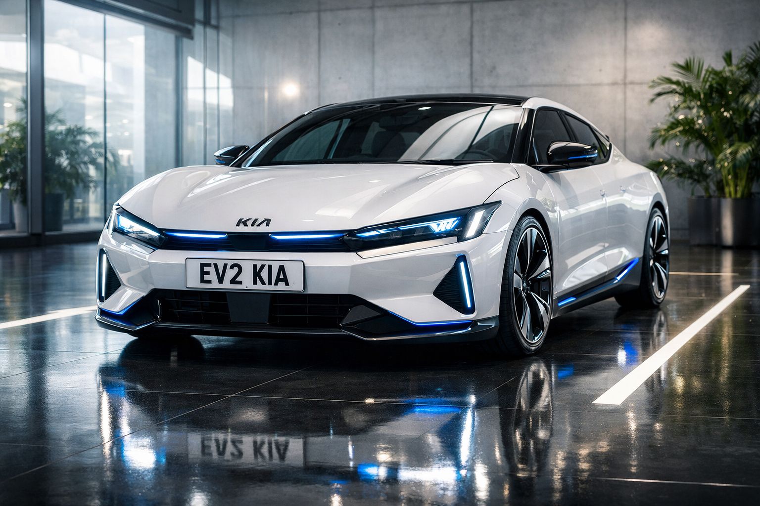 Carro elétrico branco Kia EV2 estacionado em piso reluzente, com luzes azul neon ligadas.