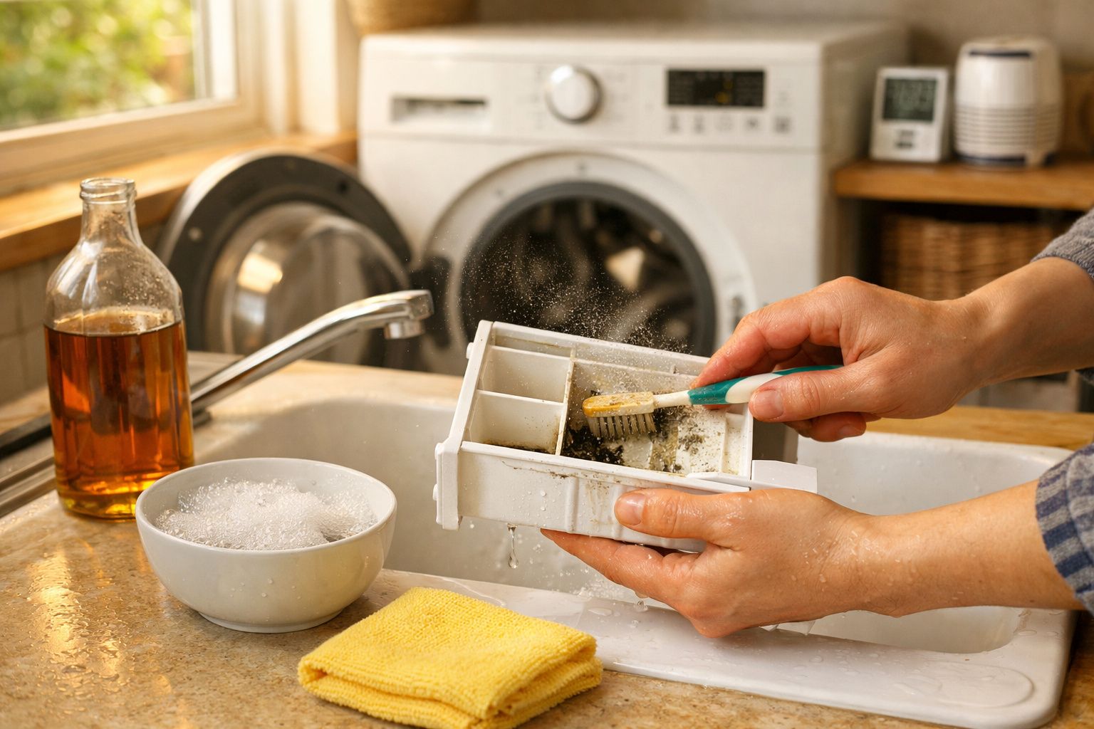 Pessoa a limpar o compartimento de detergente da máquina de lavar roupa com uma escova.