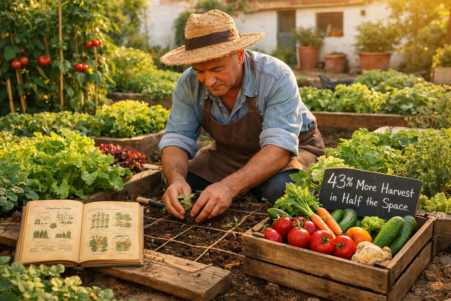 Homem com chapéu a plantar sementes numa horta com vegetais frescos e guia de plantação aberta.