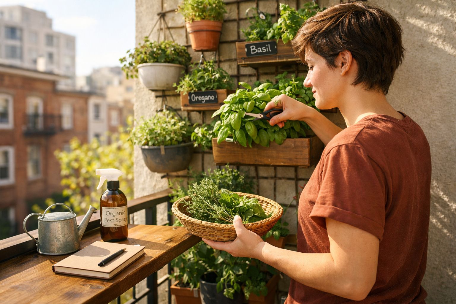 Mulher colhe ervas aromáticas num jardim vertical num terraço urbano ensolarado.