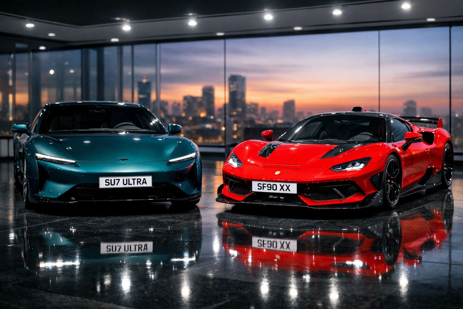 Dois carros desportivos de alta performance, um verde e um vermelho, estacionados em espaço interior com vista urbana ao fund