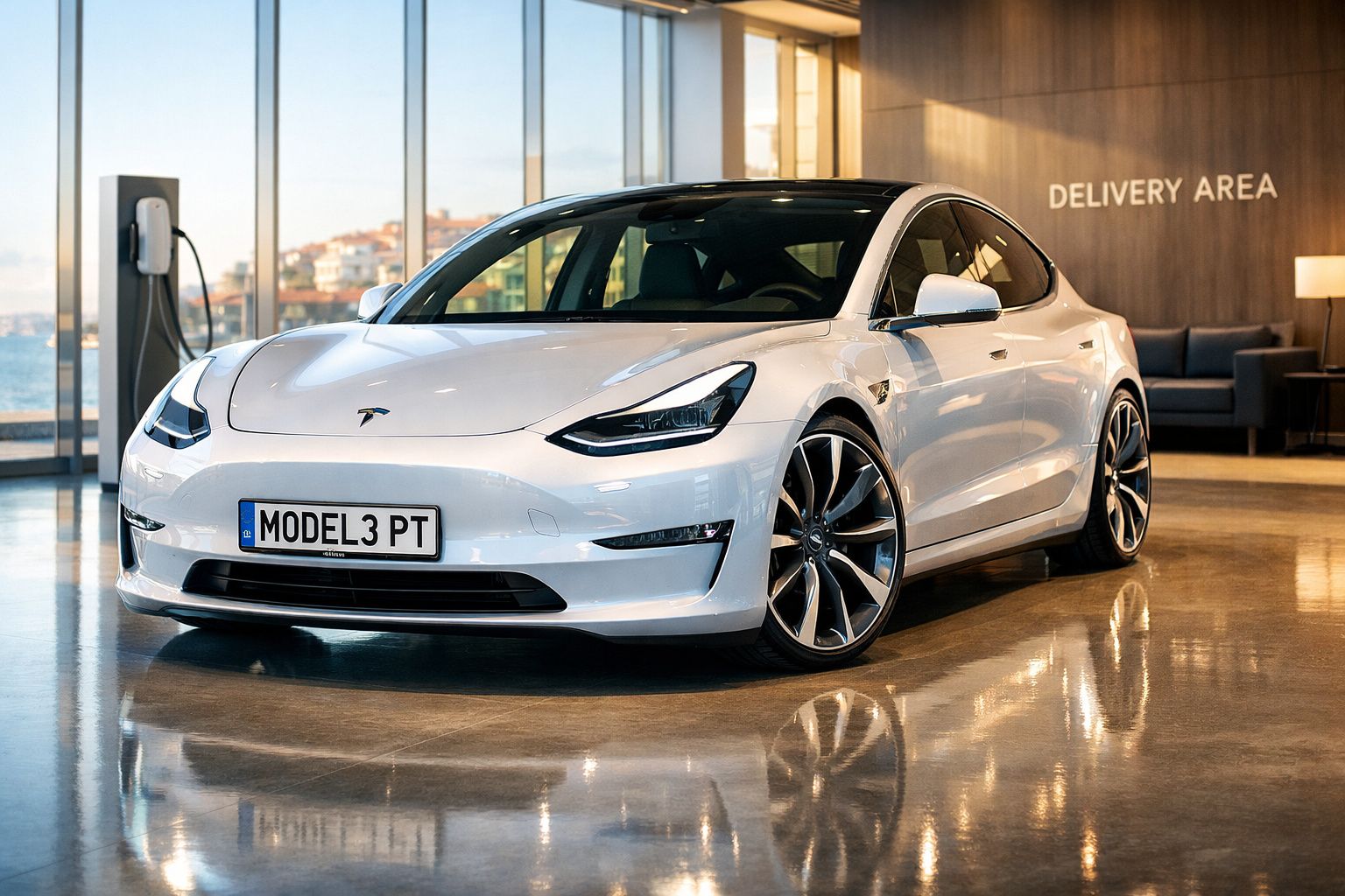 Carro elétrico Tesla Model 3 branco estacionado numa área de entrega, com posto de carregamento ao lado.