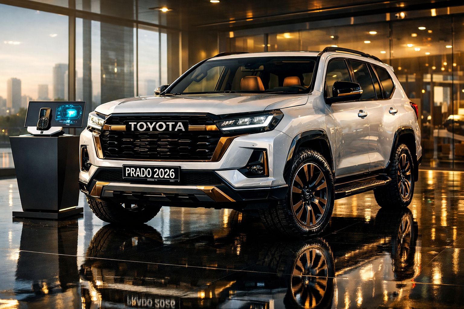 Toyota Prado 2026 branco exposto em espaço moderno com interiores em vidro e iluminação amarela.