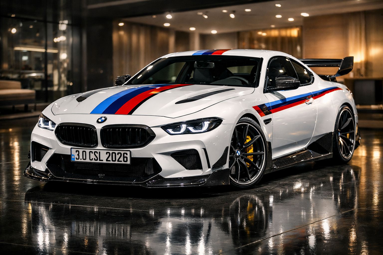 Carro desportivo BMW branco com faixas azuis e vermelhas, jantes pretas e grandes travões amarelos.