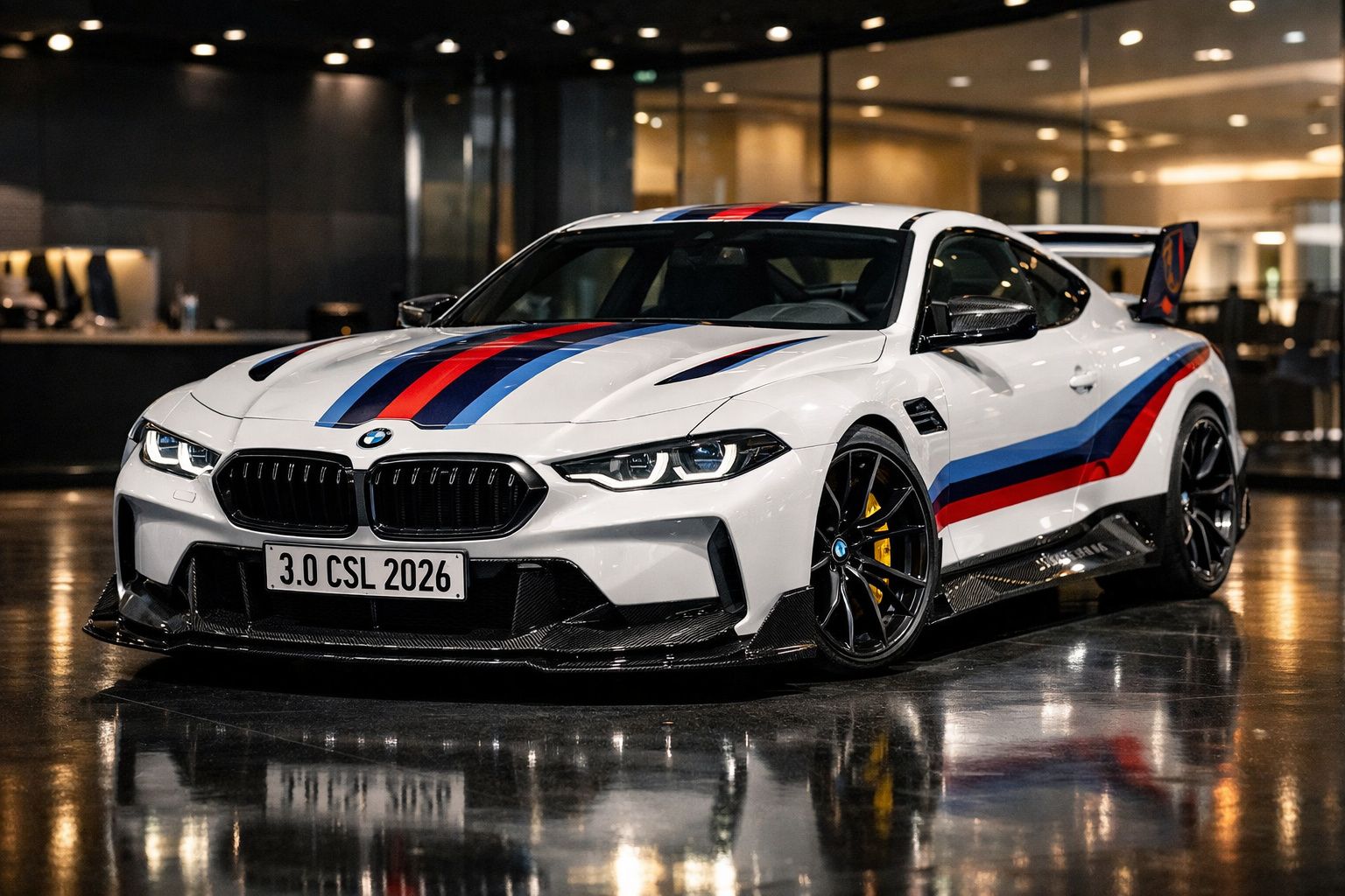 Carro desportivo BMW branco com riscas azuis, vermelhas e pretas estacionado em interior moderno.