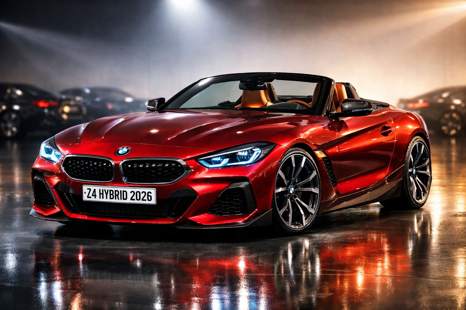 Carro desportivo BMW Z4 Hybrid vermelho, capota aberta, faróis ligados, em ambiente urbano refletido no chão molhado.