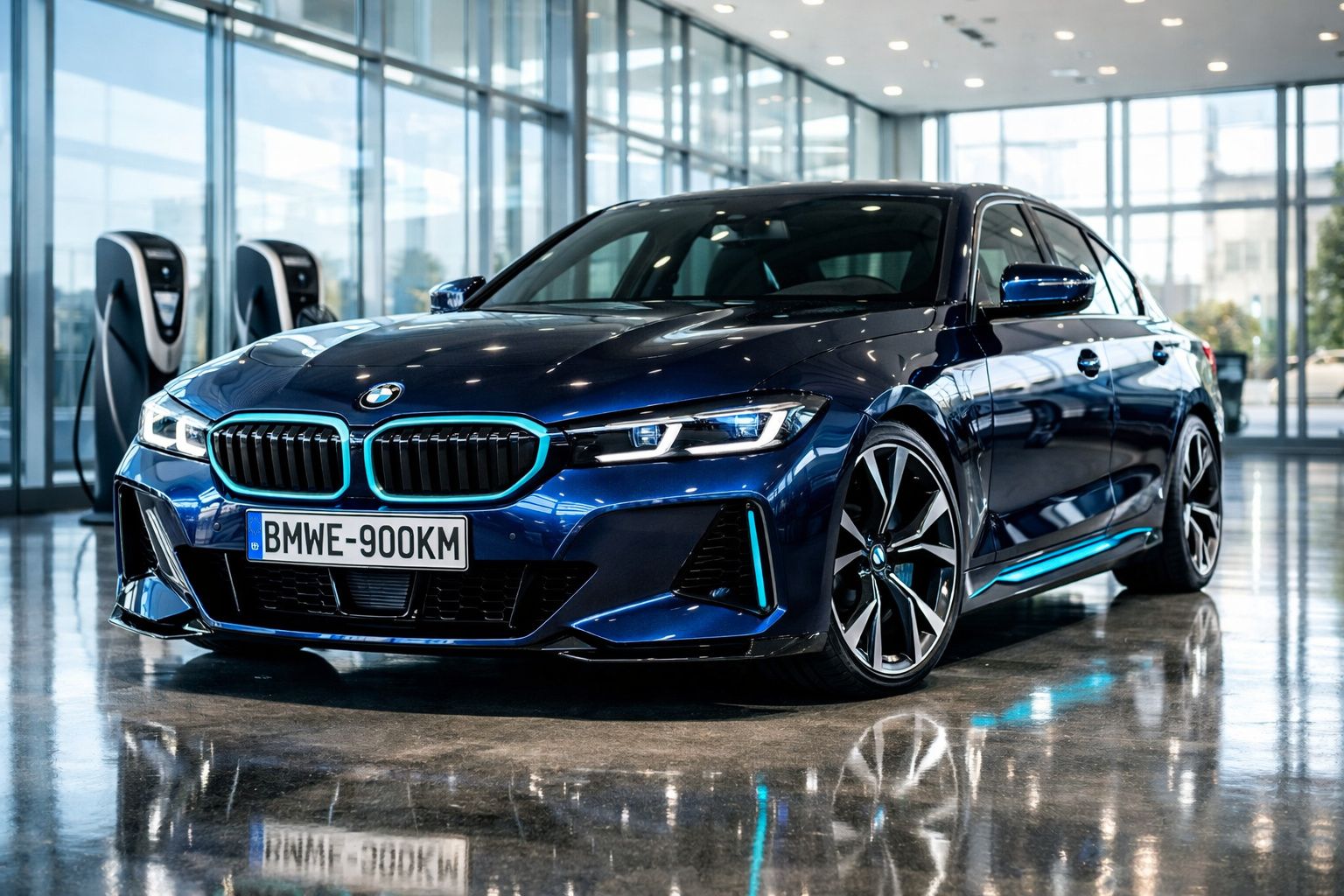 Carro BMW azul escuro elétrico, moderno, estacionado numa garagem com piso refletor e carregadores ao fundo.