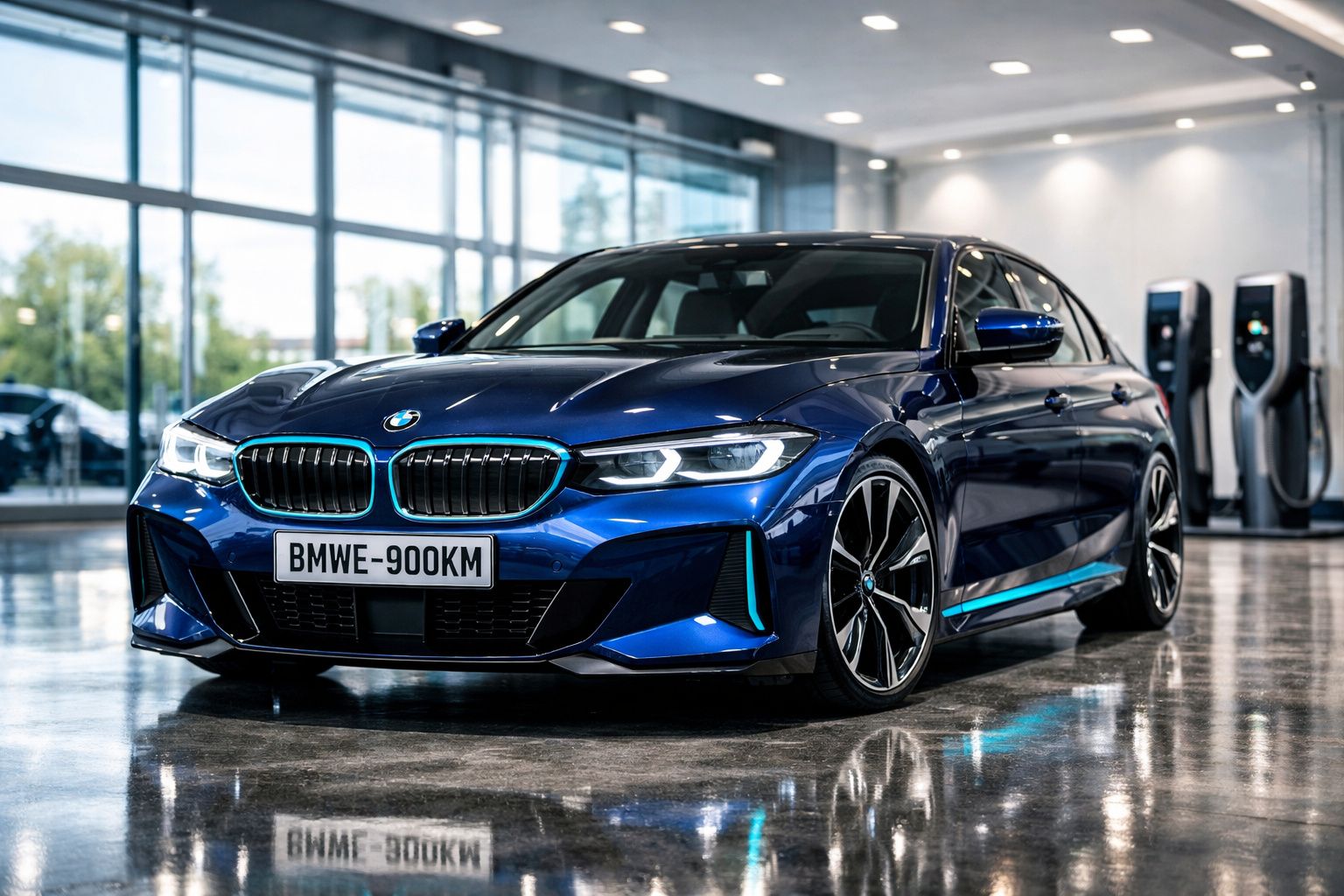 Carro azul BMW elétrico estacionado numa garagem moderna com carregadores eléctricos ao fundo.