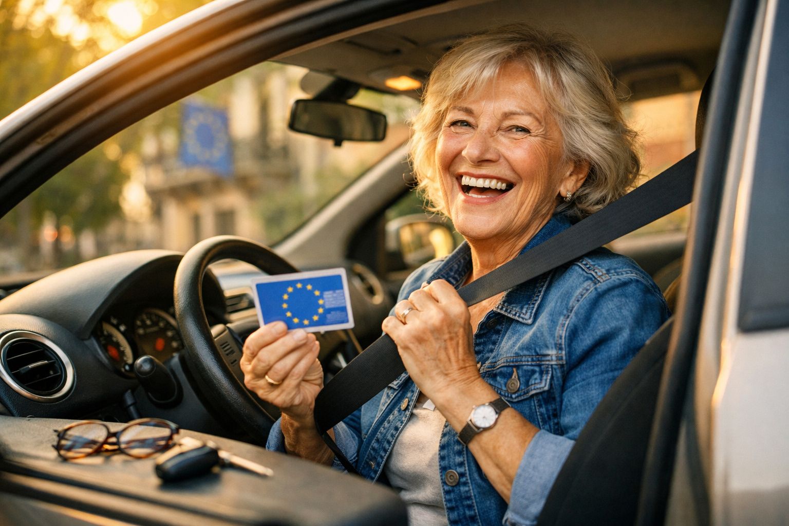 Mulher idosa sorridente no carro a usar cinto de segurança e a mostrar a carta de condução europeia.