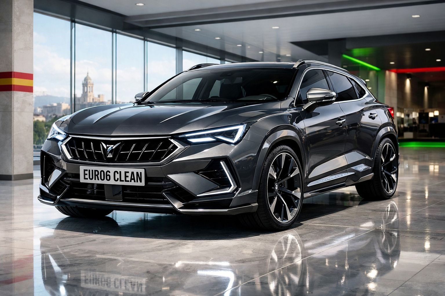 Automóvel SUV desportivo cinza escuro estacionado em interior com pavimento brilhante e janelas grandes.