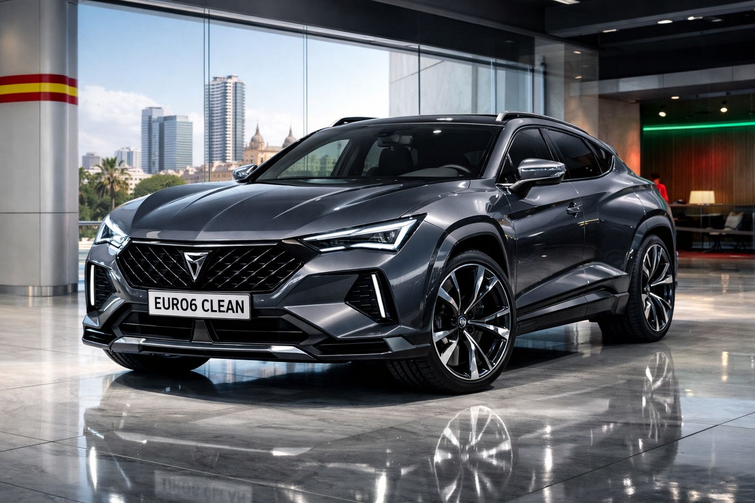 Carro SUV cinzento escuro com design moderno em ambiente urbano interior com edifícios ao fundo.