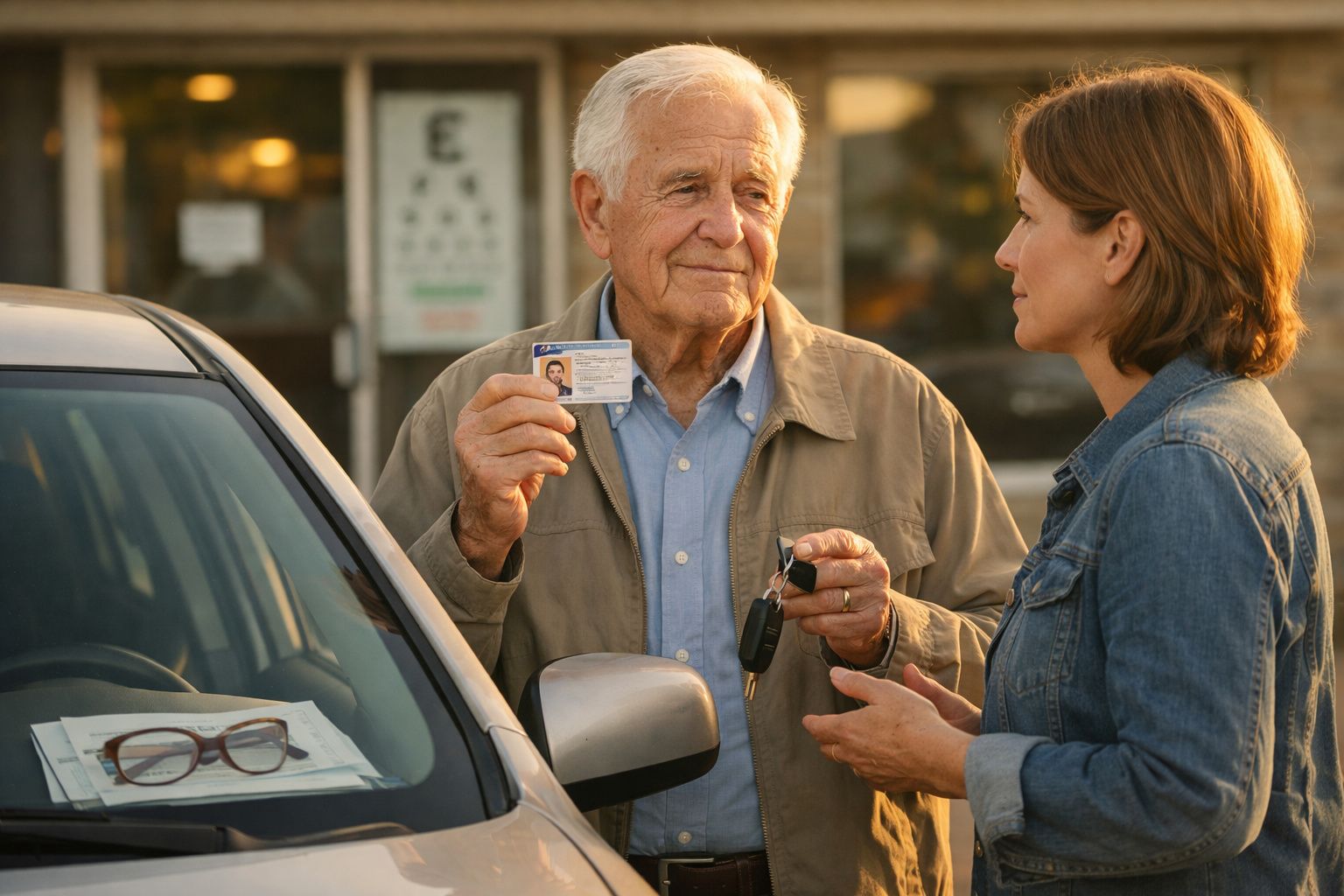 Homem idoso mostra carta de condução e entrega chaves de carro a mulher junto a um veículo estacionado.