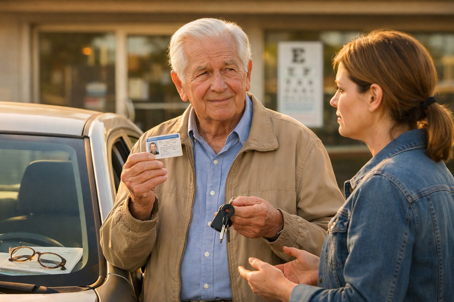 Homem idoso mostra carta de condução e chaves a mulher junto a carro estacionado.