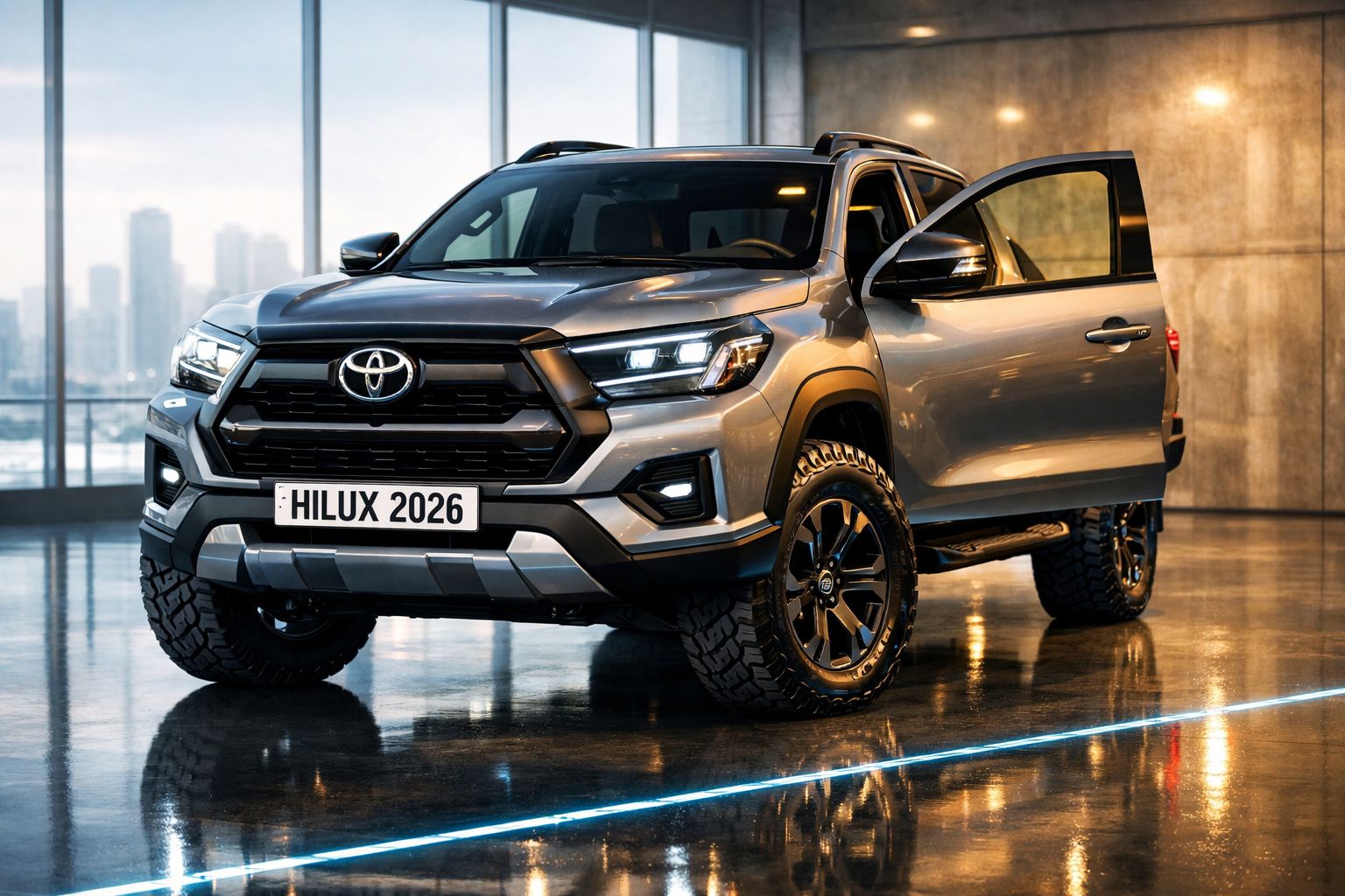 Toyota Hilux 2026 prateada com porta dianteira aberta em espaço interior moderno com janelas de vidro.