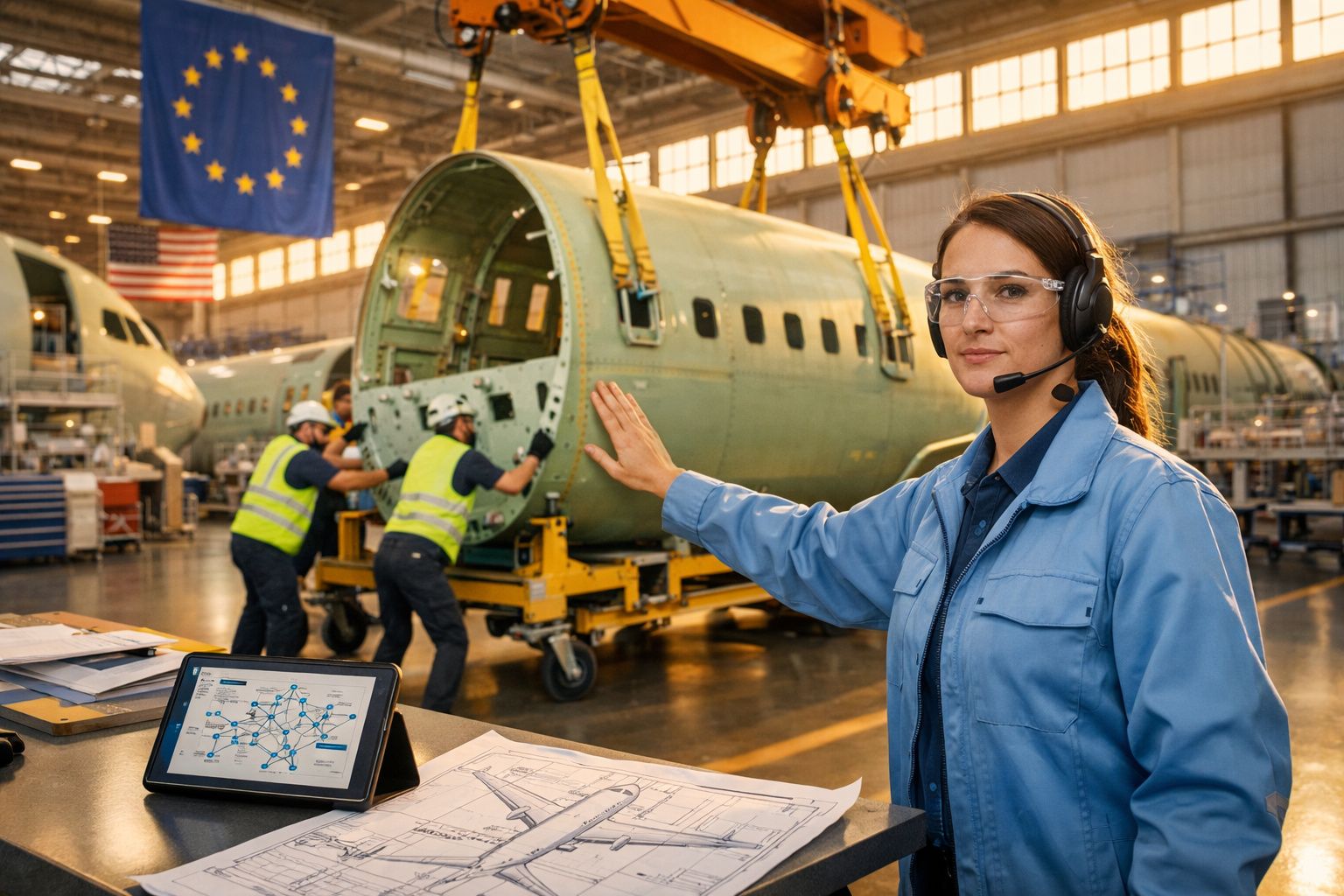 Engenheira em fábrica de aviões, com protótipos e trabalhadores ao fundo, usando headset e óculos de proteção.