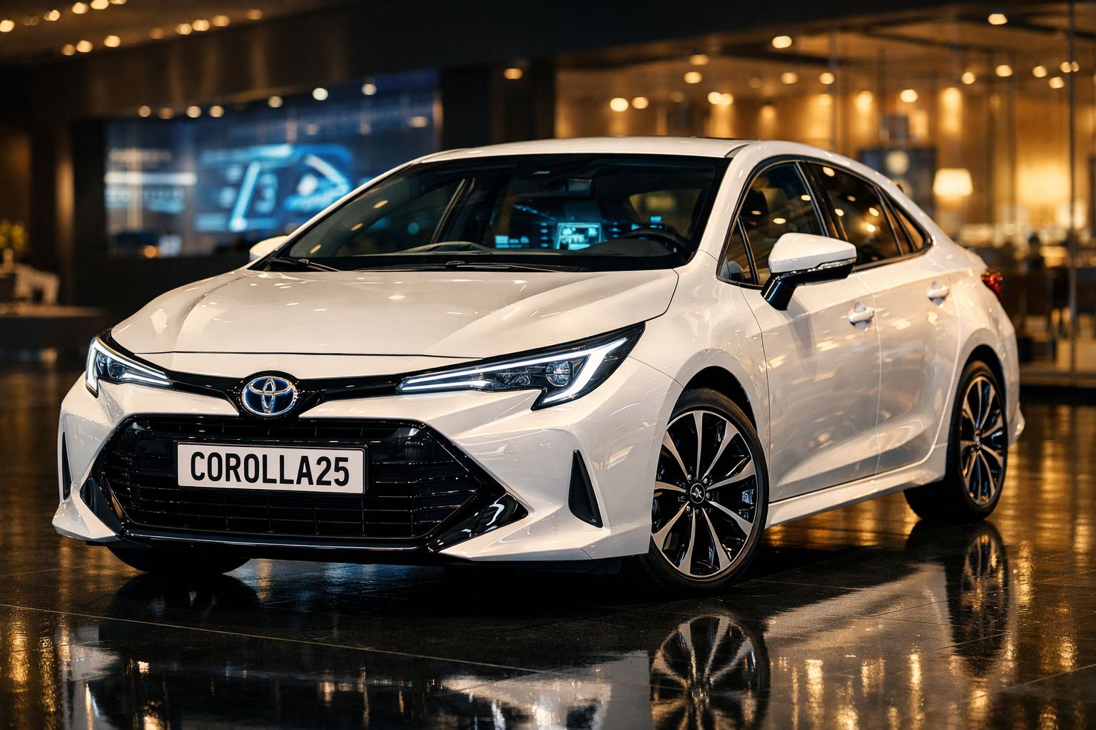 Carro branco Toyota Corolla 2025 estacionado em ambiente interior com iluminação quente.