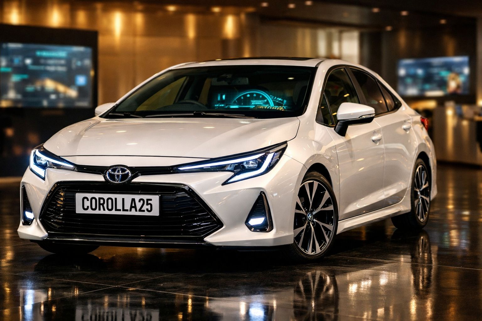 Carro Toyota Corolla branco estacionado em ambiente interior com iluminação moderna e reflexos no chão.