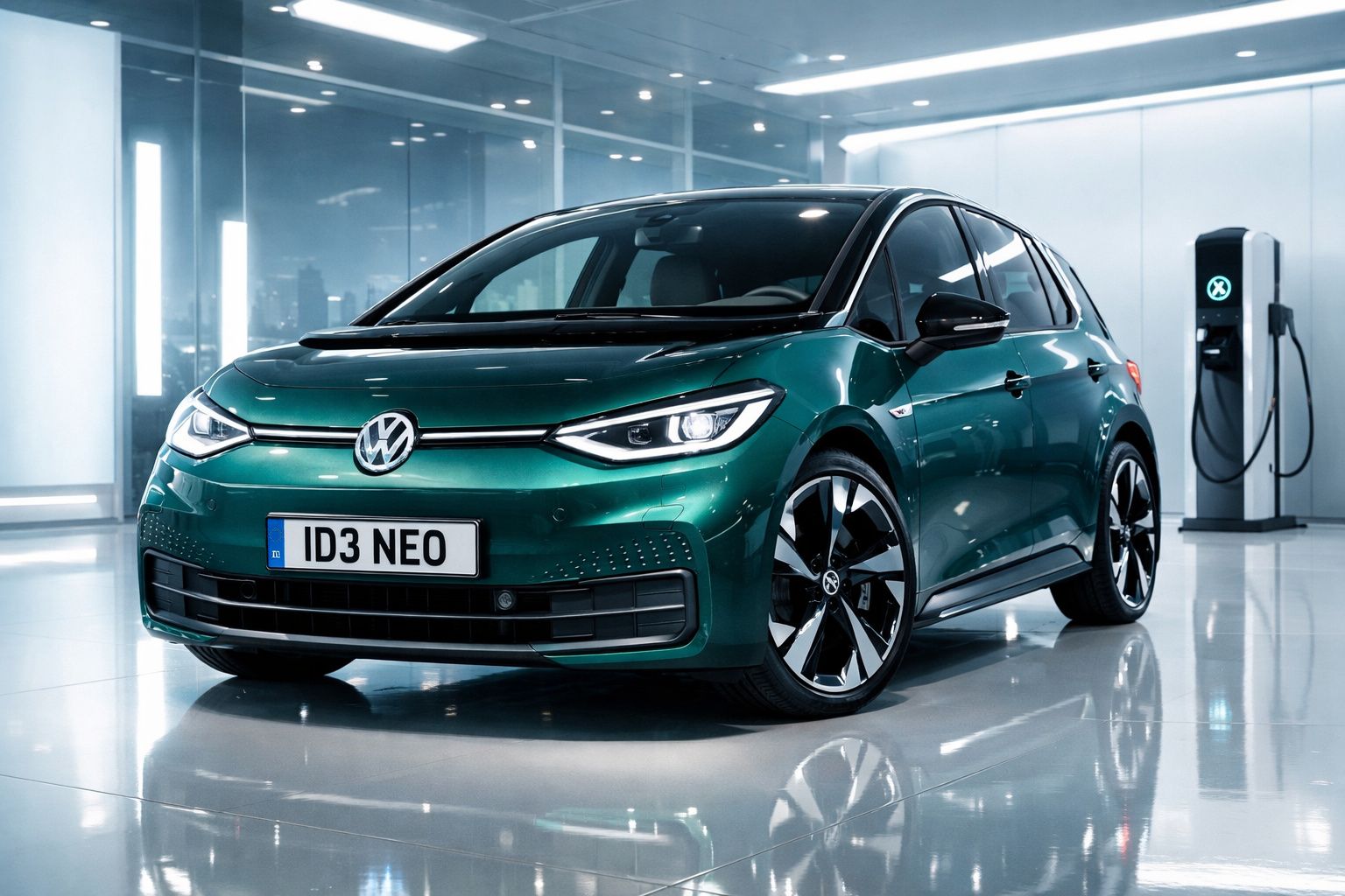 Volkswagen ID.3 Neo verde estacionado num espaço moderno com um carregador eléctrico ao fundo.