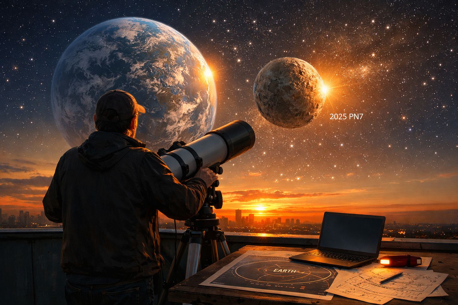 Homem observa planeta e asteroide 2025 PN7 ao pôr do sol com telescópio e mapa estelar numa varanda urbana.