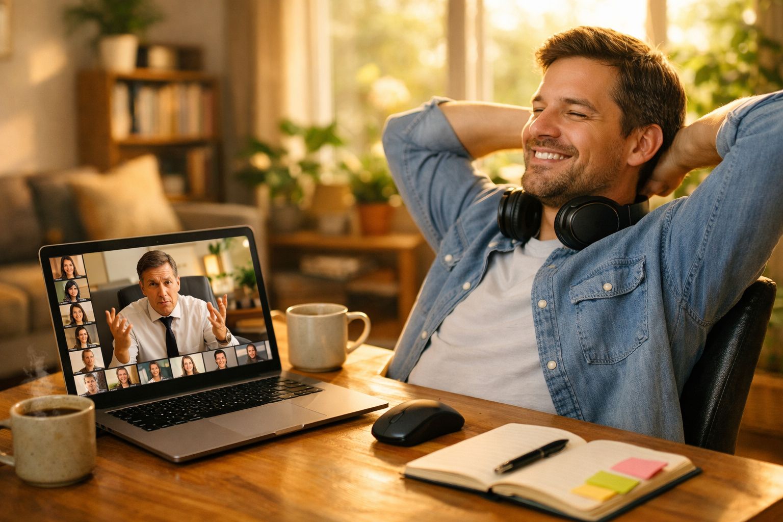 Homem relaxado com auscultadores no escritório participa numa videoconferência animada no portátil.
