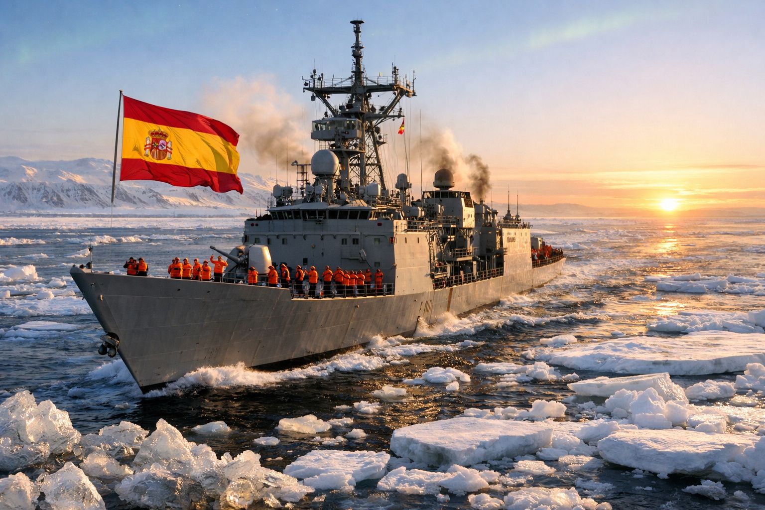 Navio de guerra espanhol navegando entre blocos de gelo com tripulação e bandeira ao pôr do sol.