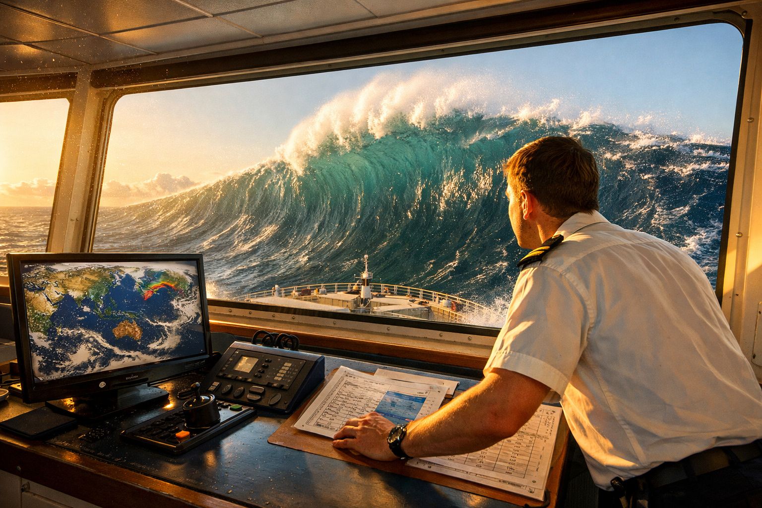 Homem em uniforme observa grande onda do convés de um navio através da cabine de comando.