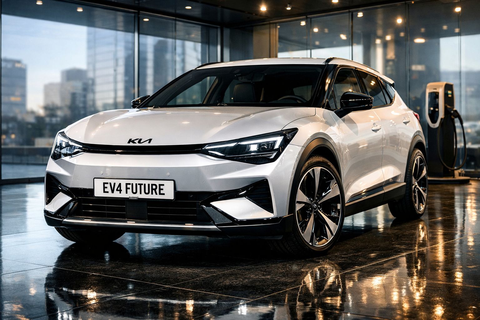 Carro elétrico branco Kia EV4 estacionado em showroom moderno com carregador elétrico atrás.