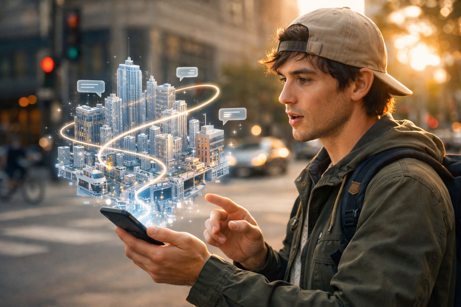 Jovem utiliza smartphone com holograma de cidade futurista a surgir no ecrã na rua movimentada.