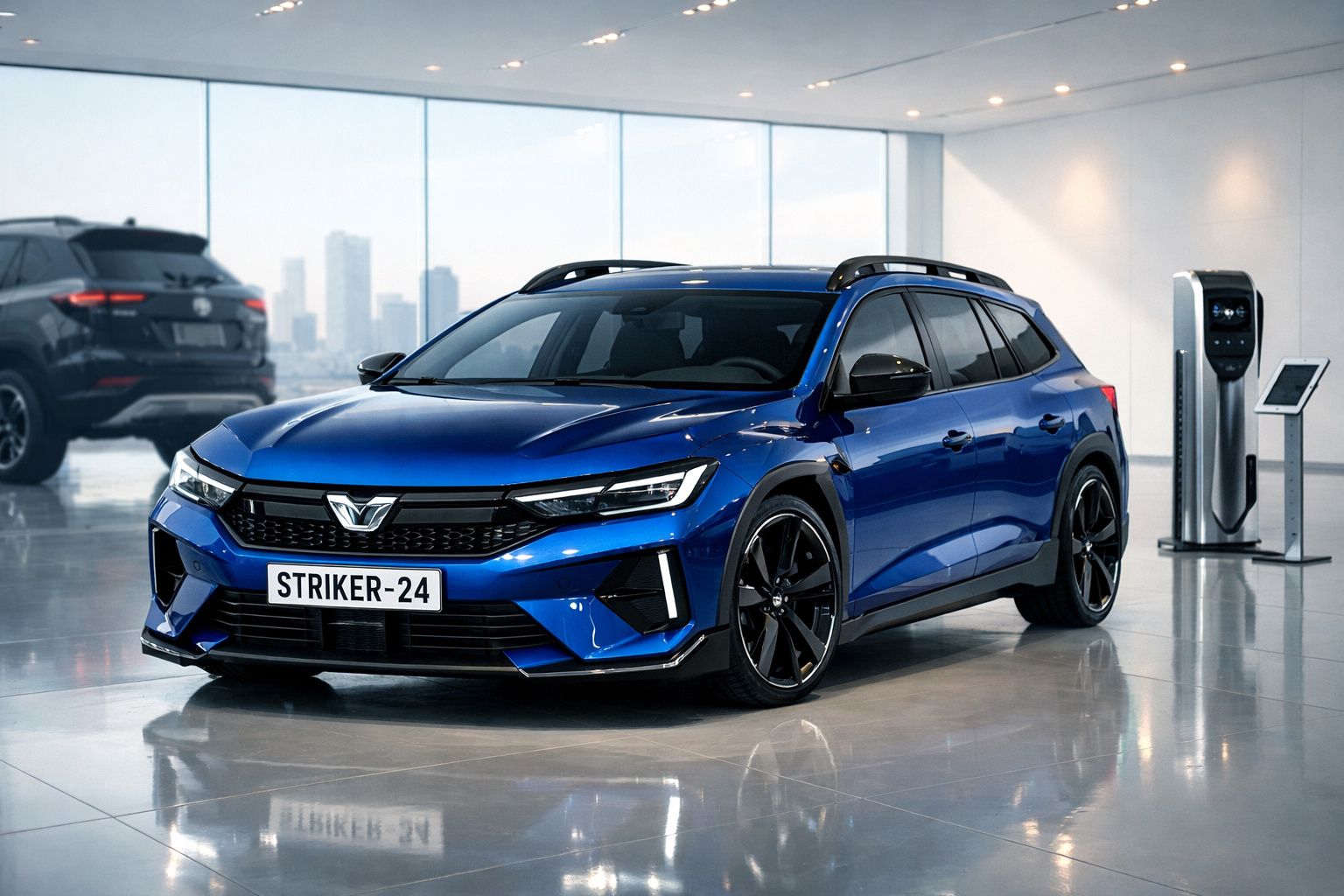 Carro elétrico azul modelo Striker-24 numa sala de exposição moderna com pontos de carregamento.