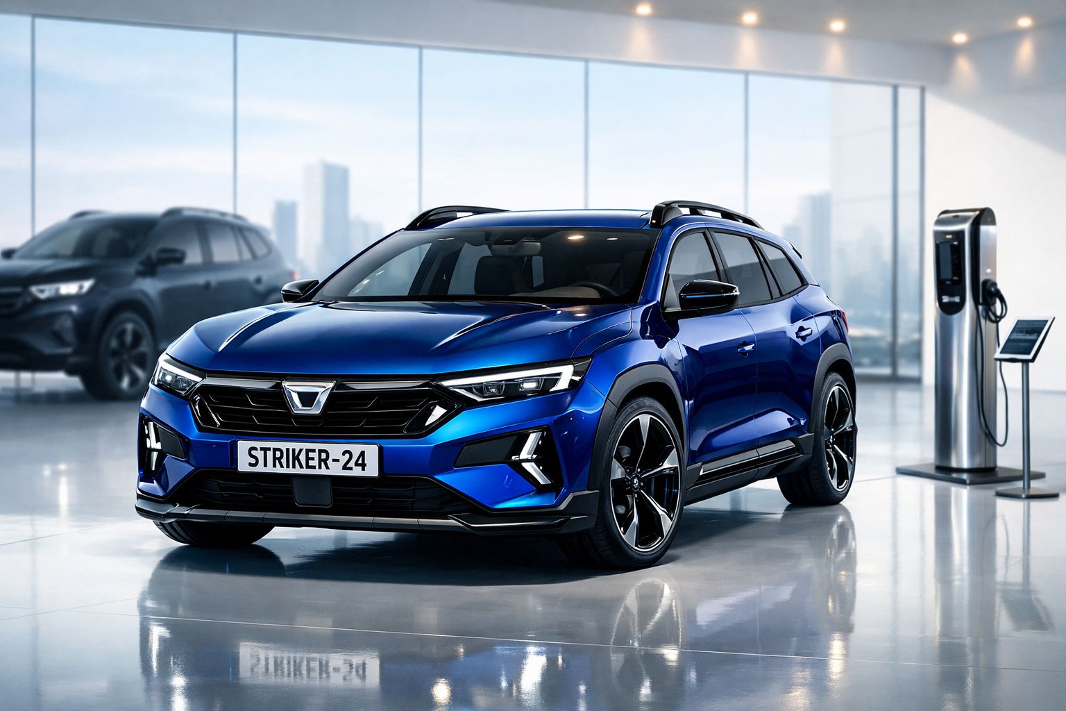 Automóvel SUV elétrico azul com design moderno estacionado junto a posto de carregamento.