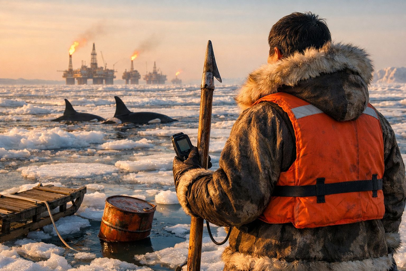 Homem com roupa quente observa orcas em águas geladas perto de plataformas petrolíferas ao pôr do sol.