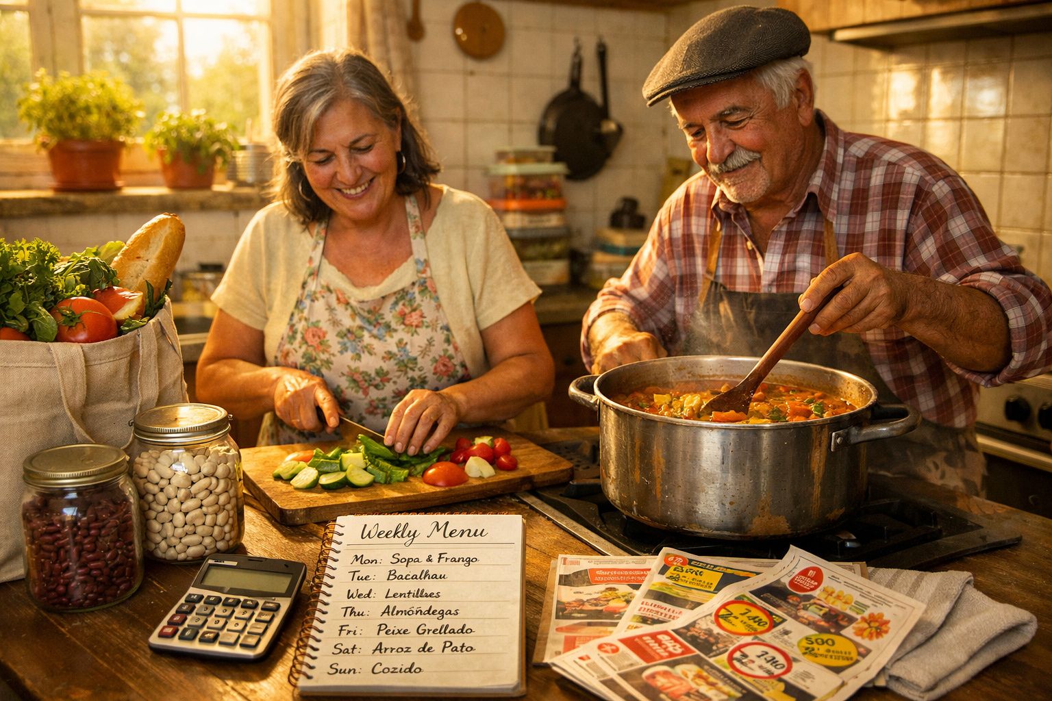 Casal idoso cozinha e prepara legumes numa cozinha rústica com luz quente ao entardecer.