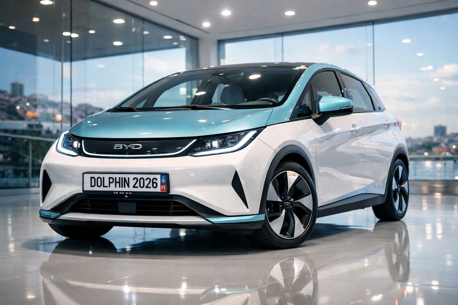 Carro elétrico BYD Dolphin 2026 branco e azul apresentado numa sala moderna com grandes janelas.
