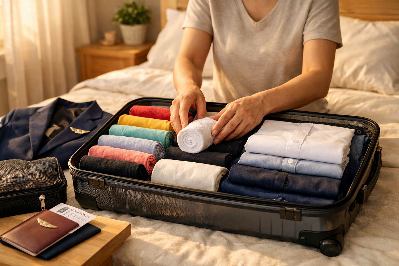 Pessoa a organizar roupa dobrada e enrolada numa mala preta aberta numa cama.