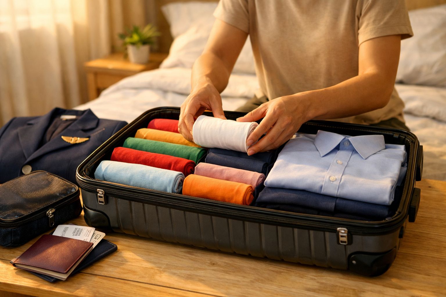 Pessoa a arrumar roupa colorida e camisa azul numa mala preta sobre a mesa de madeira.