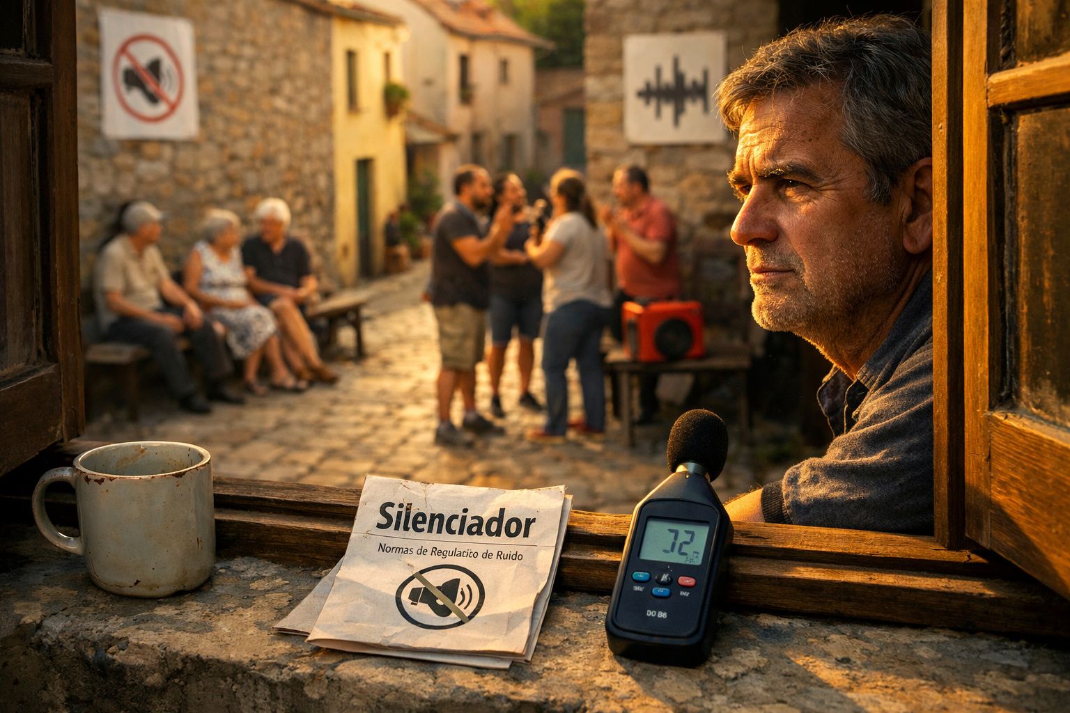 Homem com decibelímetro a medir som numa rua com grupo de pessoas e cartaz de normas de ruído.