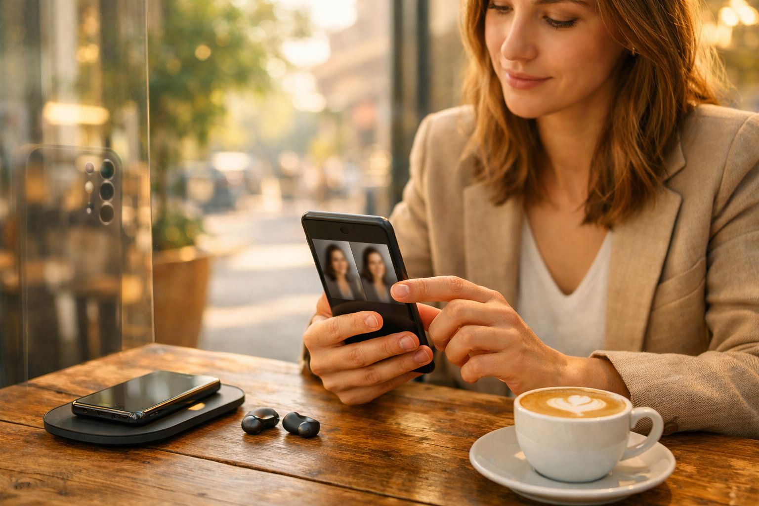 Mulher sorridente a usar telemóvel numa esplanada, com café, carregador e auscultadores na mesa de madeira.