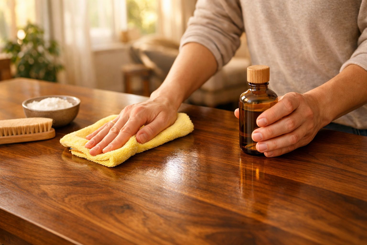 Pessoa a limpar uma mesa de madeira com um pano amarelo e um frasco de óleo para madeira.