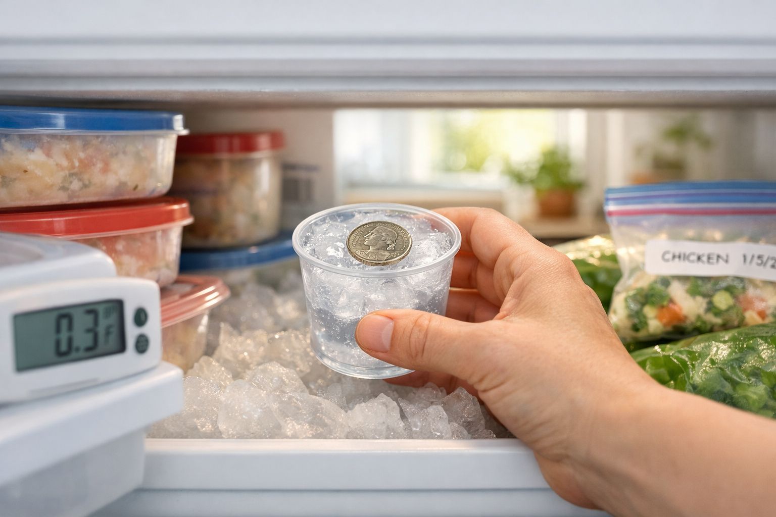 Mão a segurar copo de plástico com moeda em gelo dentro de frigorífico cheio de comida congelada e termómetro a 0.3°F.