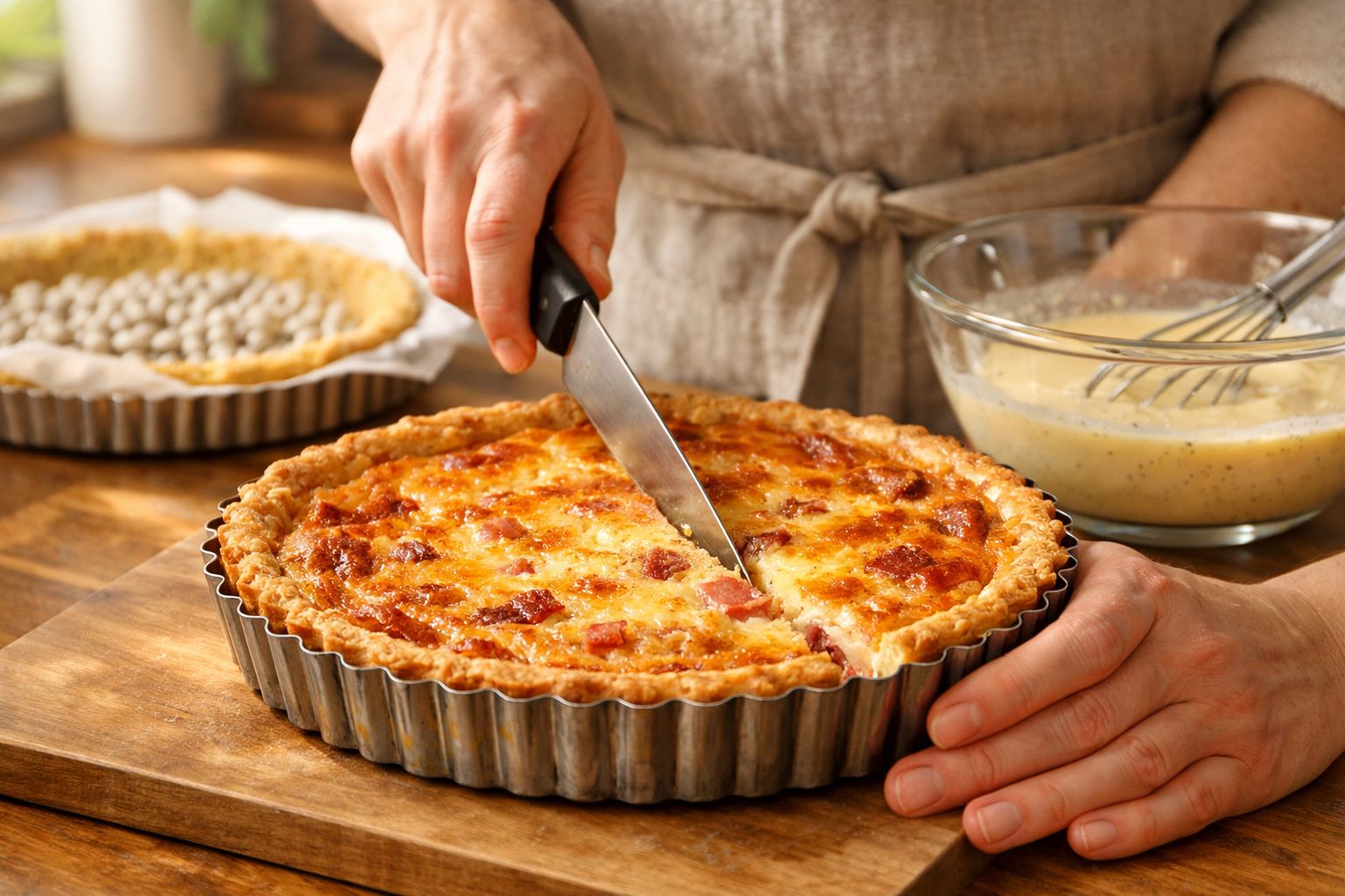 Pessoa a cortar uma tarte salgada fumegante numa forma metálica sobre bancada de madeira.