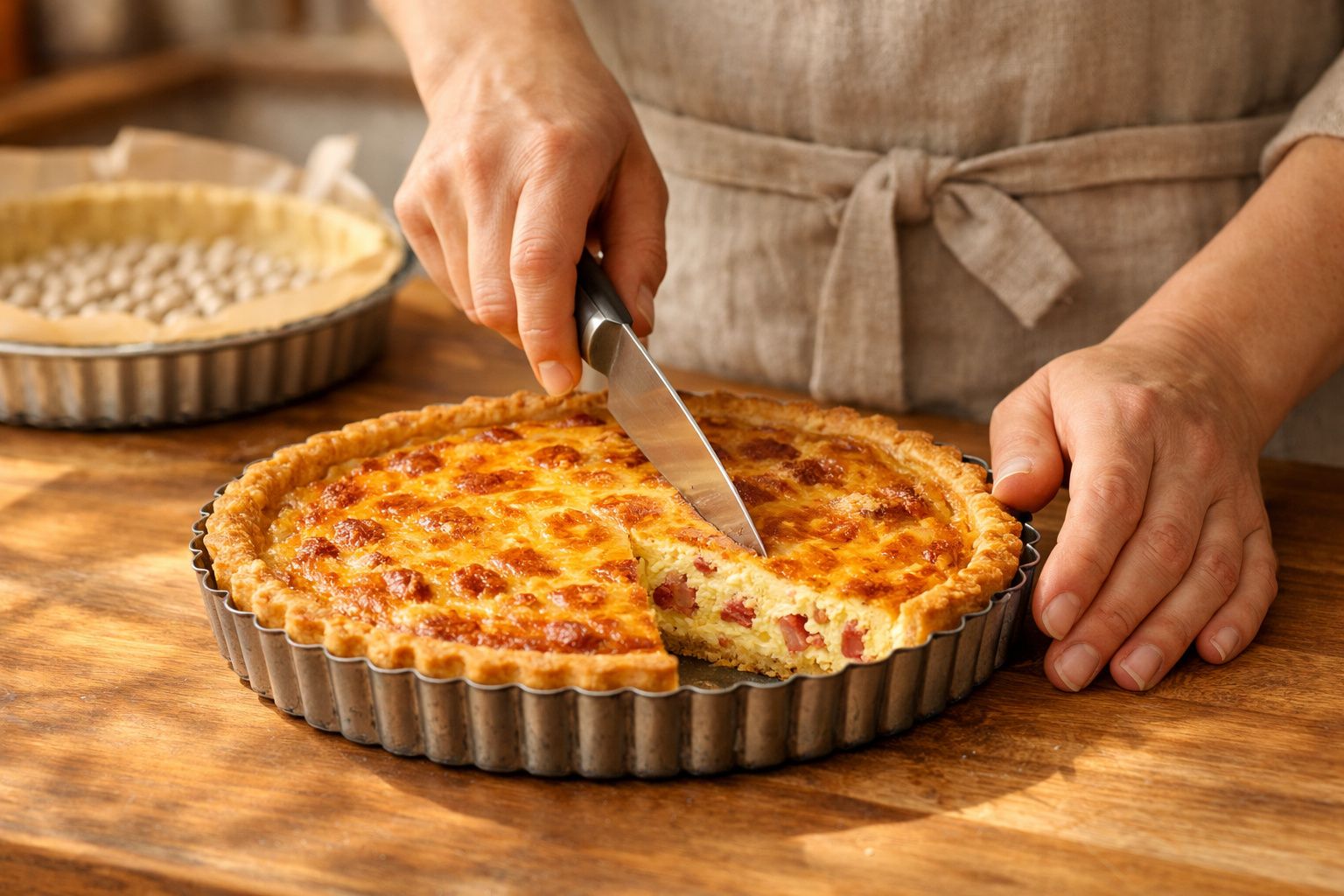 Pessoa a cortar uma tarte de queijo e fiambre numa forma metálica numa mesa de madeira.