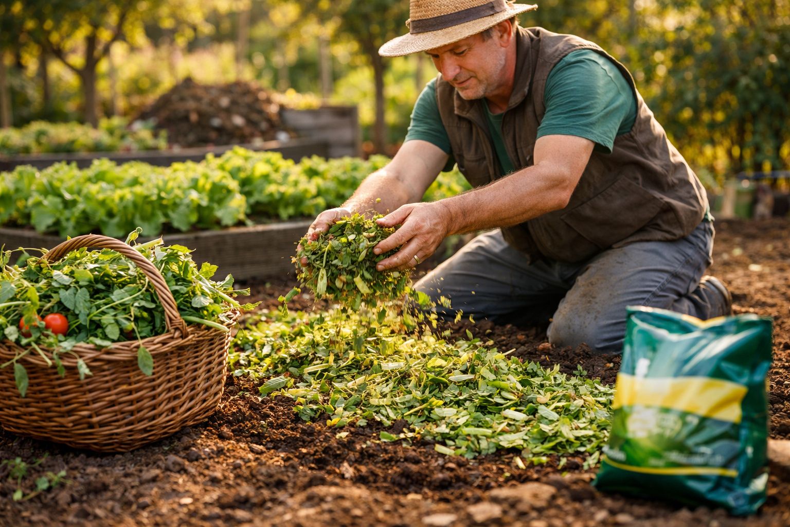 Homem a espalhar composto orgânico no solo de uma horta com cesto de plantas ao lado.