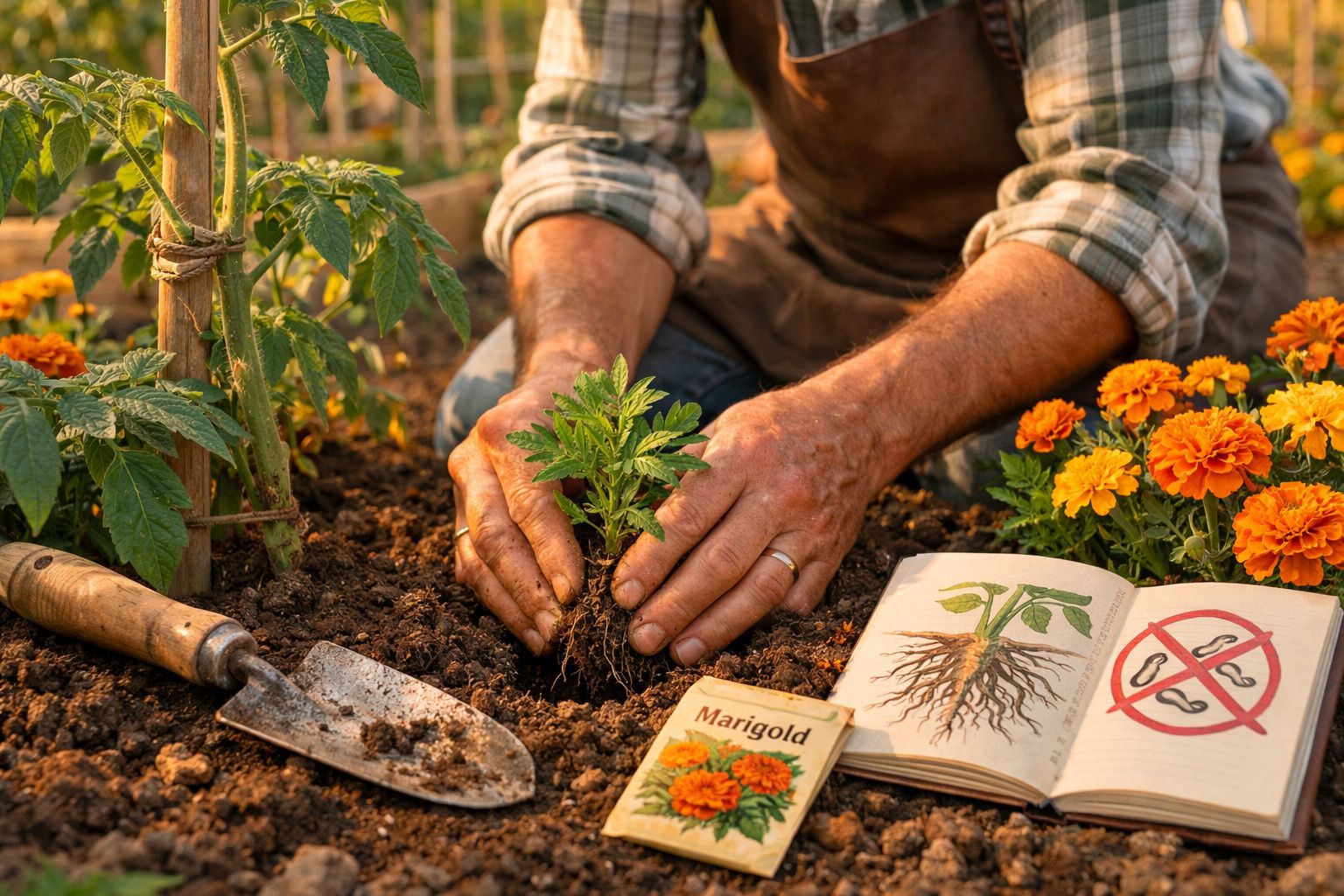 Mãos de jardineiro a plantar uma muda de malmequer cercada por flores, livro aberto e enxada na terra.
